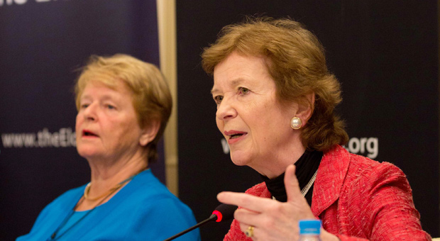 Mary Robinson speaking at The Elders' press conference in Egypt.