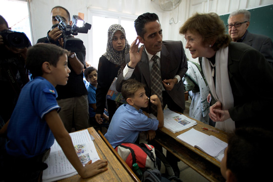 Mary Robinson and Lakhdar Brahimi speak to young people at a UN-run school in Gaza, October 2010