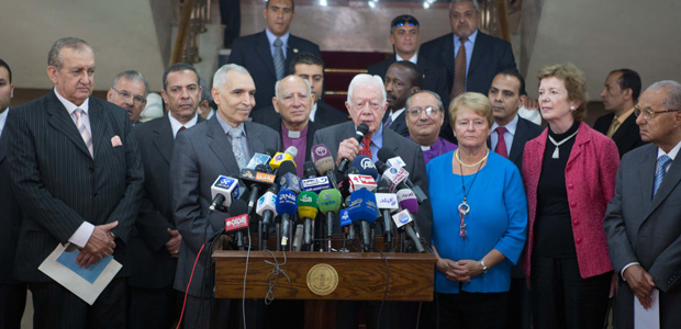 The Elders speak to journalists after their discussion with religious leaders and intellectuals at Al Azhar