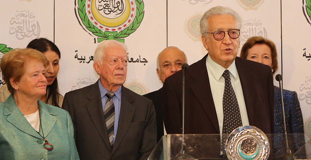 Lakhdar Brahimi speaking to journalists after the meeting between The Elders and Nabil ElAraby, Secretary-General of the League of Arab States